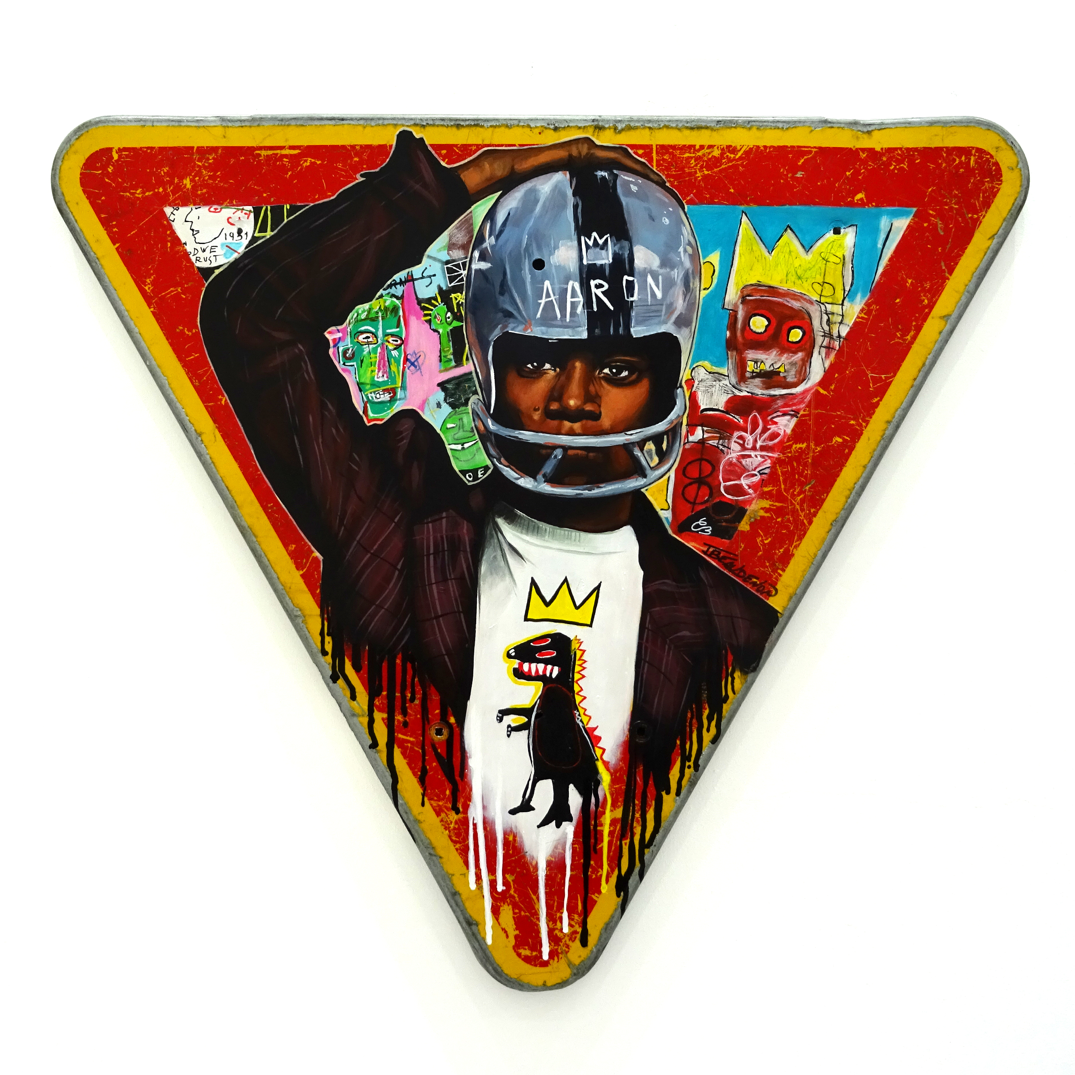 Arteido - Thierry Beaudenon - Peinture - Panneau Signalisation - Art 13 Basquiat Casque - Triangle-Bas