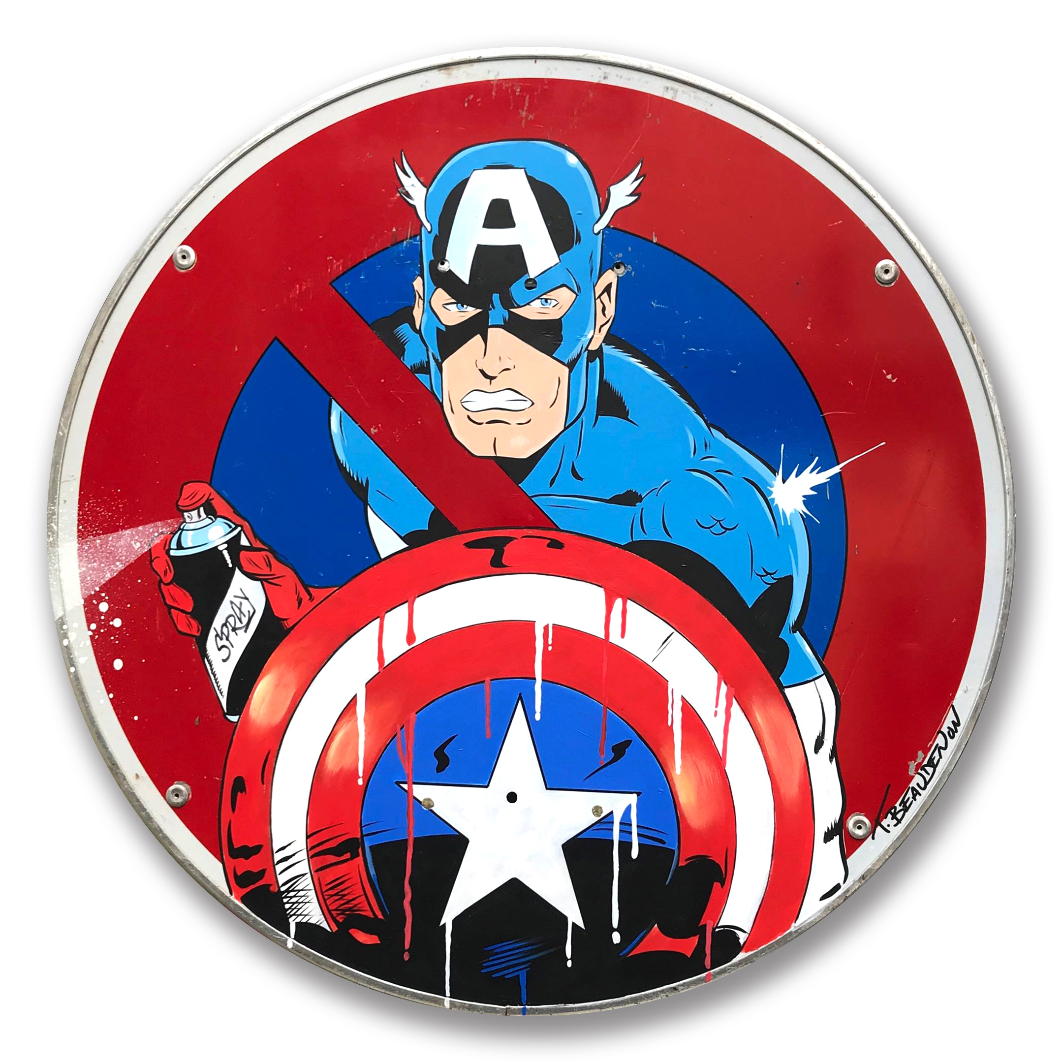 Arteido - Thierry Beaudenon - Peinture - Panneau Signalisation - Captain America 4 Spray - Rond